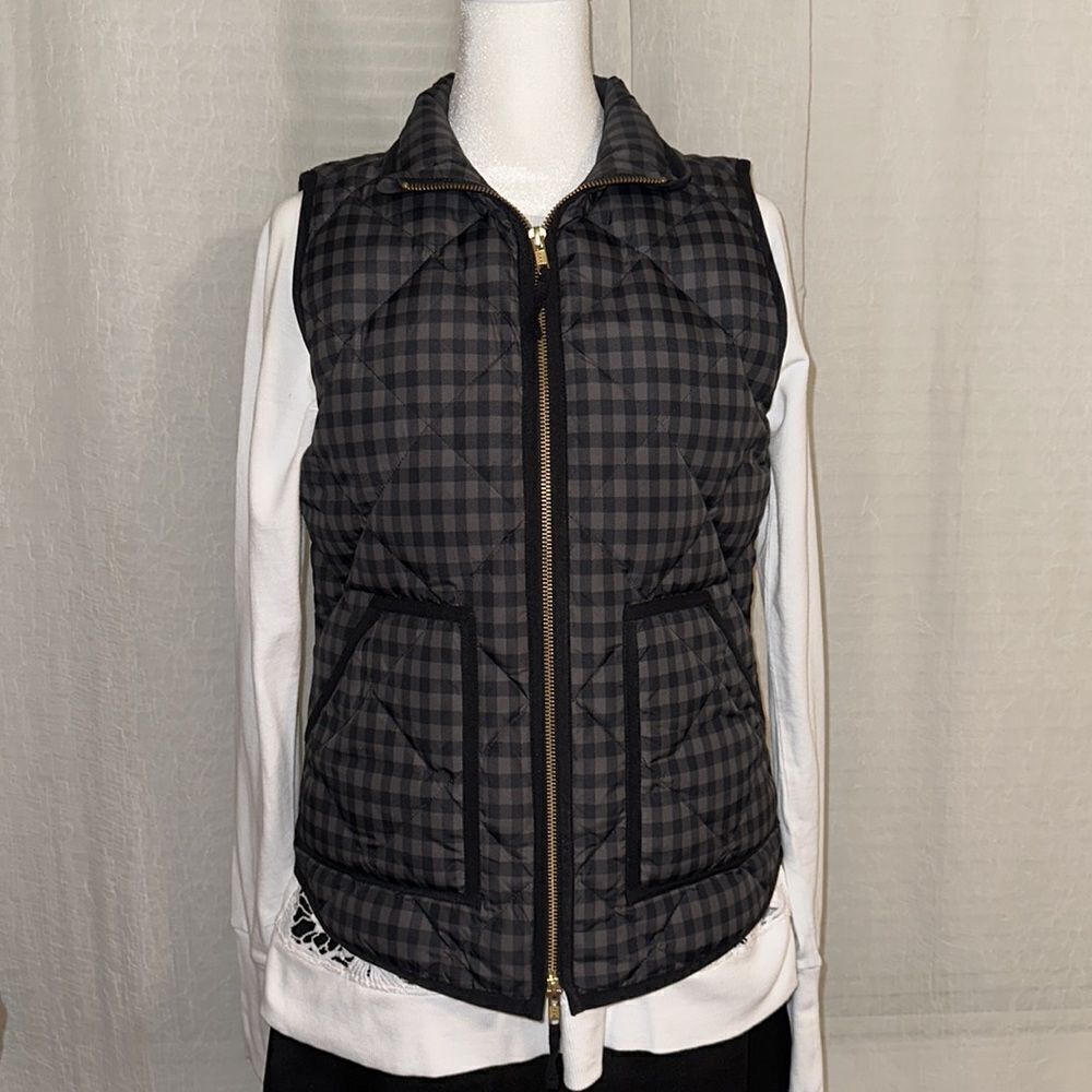 J. Crew XS Gray Black Gingham Dawn Filled Full Zip Quilted Puffer Vest